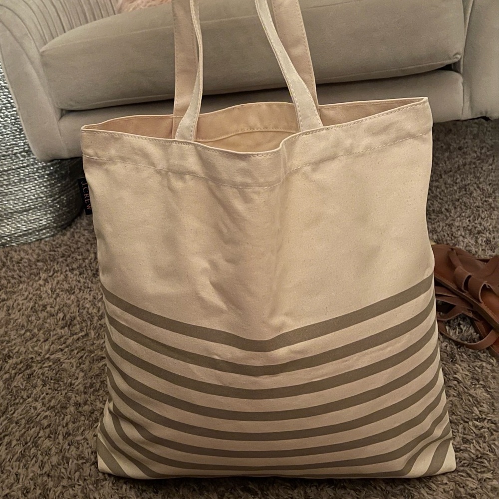 Cream/ Grey Striped J Crew Tote Bag
